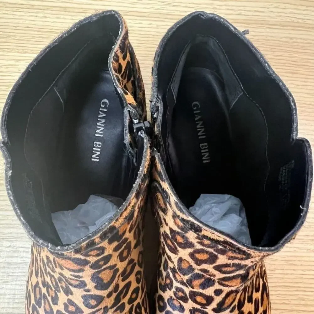Gianni Bini Bootie Womens 8 Brown Torloni Calf Hair Leopard Stacked Heel Buckle